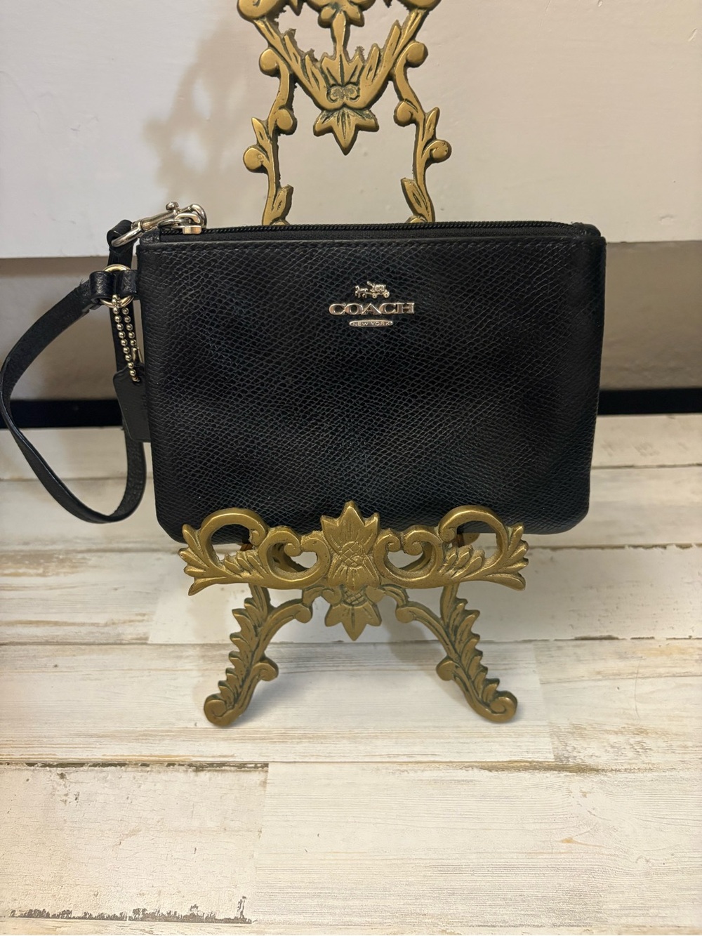 Coach Black Polished Pebble Leather Small Corner Zip Wristlet